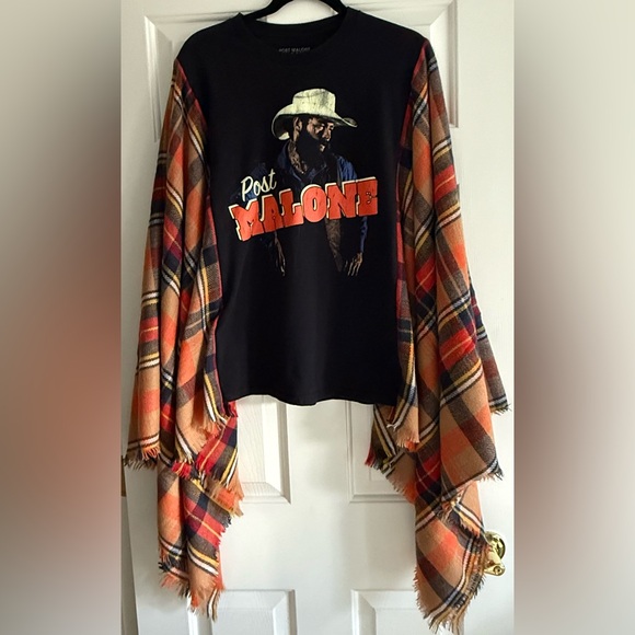 Custom Upcycled Post Malone Tee Blanket Scarf Poncho OOAK OSFM Cashmere Tartan - Picture 1 of 5